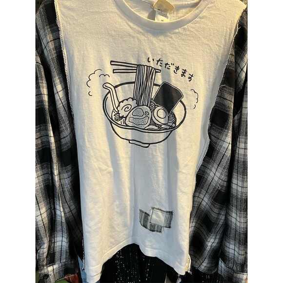 BUDEN SHOUTEN T-Shirt Unisex M White Japanese Ramen Graphic Plaid Sleeves - Picture 3 of 7